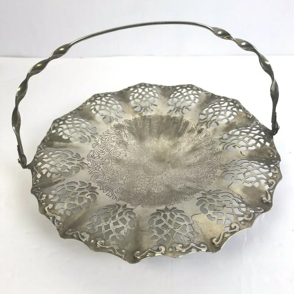 Vintage Terpur Silverplate Basket Filigree Border Serving Plate Traditional